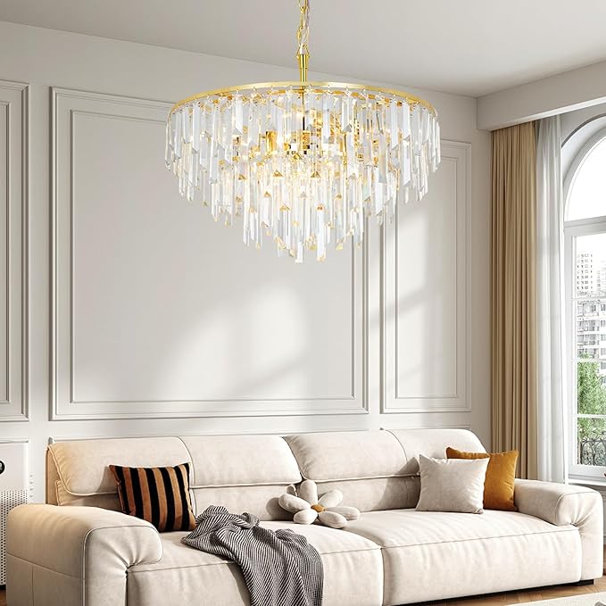 Gold Crystal Chandelier for Dining Room, 24" Modern Round Top K9 Crystal Chandeliers 5-Tier 8 Lights Adjustable Ceiling Hanging Pendant Light Fixture for Living Room Bedroom Foyer