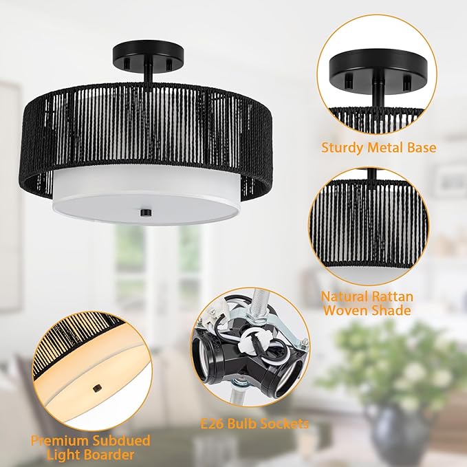 SineRise 16'' Rattan Flush Mount Ceiling Light Fixture,2-Tier Drum Hand-Woven Boho Flush Mount Ceiling Light,Farmhouse Light Fixture for Living Room,Kitchen,Bedroom Foyer Entryway ect.（Black）