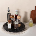 Round Decorative Tray Farmhouse Bathroom Decor Wood Riser Kitchen Countertop Organizer for Perfume, Candle, Plant, 11 inch Black