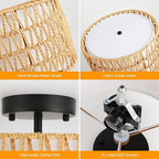WILON Rattan Light Fixture Ceiling Mount, 3-Light Semi Flush Mount Ceiling Light Fixture with Fabric Shade, Modern Drum Woven Boho Light Fixture for Hallway Entryway Kitchen Bedroom Nursery Laundry