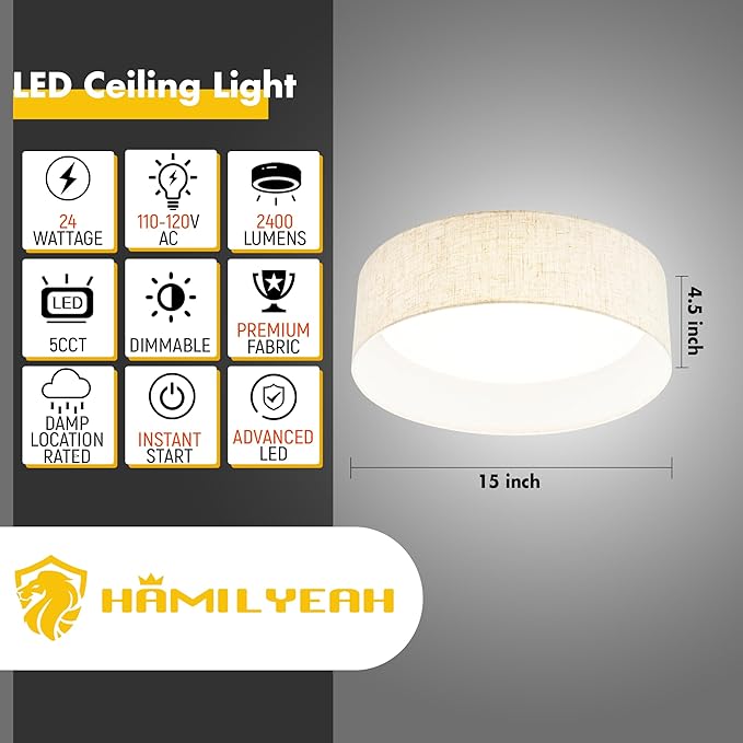 Hamilyeah Flush Mount Ceiling Light 15 inch, 24W LED Lighting Fixture Ceiling Mount for Kitchen, Dimmable Close to Ceiling Lighting Fixture 5CCT for Bedroom, Living Room, Bathroom, Hallway