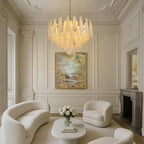Alabaster Round Chandelier, 32 In 92 PCS Natural Spanish Marble Stone Texture Chandelier, 6-Tiers Modern Luxury Brass Chandeliers for Dining Room, Living Room, Bedroom, Entryway, Foyer(Bulbs Included)