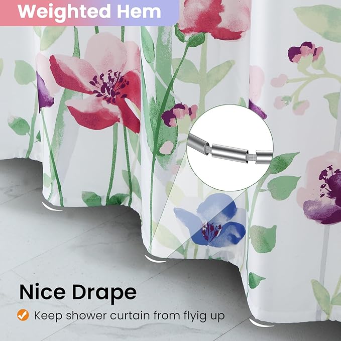 Watercolor Floral Shower Curtain, Green Pink Purple Blue Flower Shower Curtains for Bathroom, Modern White Waterproof Fabric Bath Curtains, 72" W x 72" H