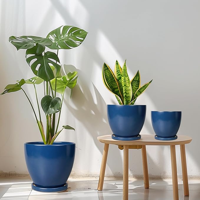 Ceramic Planters Set of 3 - Round Modren 10 Inch 8 Inch 6 Inch Plant Pots with Drainage Holes and Saucers, Flower Pots for Indoor Outdoor, Home Apartment Decor, Plant Lover Gifts, Blue