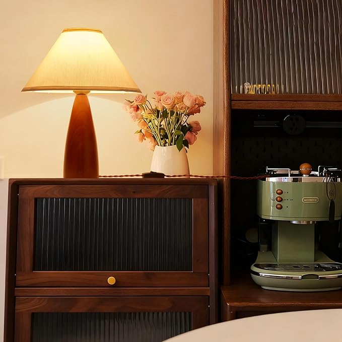 Bedside Table Lamp for Bedroom, Mid-Century Modern Plug in Fabric Shade & Solid Wood Base Desk Lamp, Plug & Play Warm Brown Nightstand Lamp for Living Room, Office, Switch Power Cord 【Bulb Included】