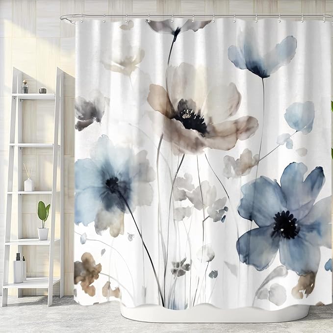 Sanzugh Boho Floral Extra Long Shower Curtain, Cream Tan Beige Blue Grey White Watercolor Flower Fabric Shower Curtains Set for Bathroom Decoration with Hooks 72 X 83 inch Cute Farmhouse Bath Decor