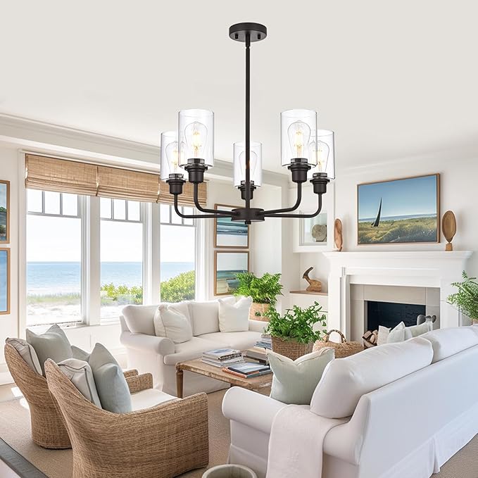 VINLUZ 5-Light Oil-Rubbed Chandelier with Clear Glass Shades, E26 Base Modern Pendant Light Fixture, Adjustable Swivel Heads Ceiling Lighting, Farmhouse Chandelier for Dining Room Kitchen Hallway