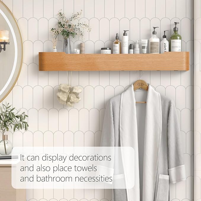 Coat Rack Wall Mount with Hidden Hooks Entryway Hanging Shelf Modern Wood Coat Hanger for Bedroom Kitchen Hallway Bathroom (Oak,32.7 Inch Long)