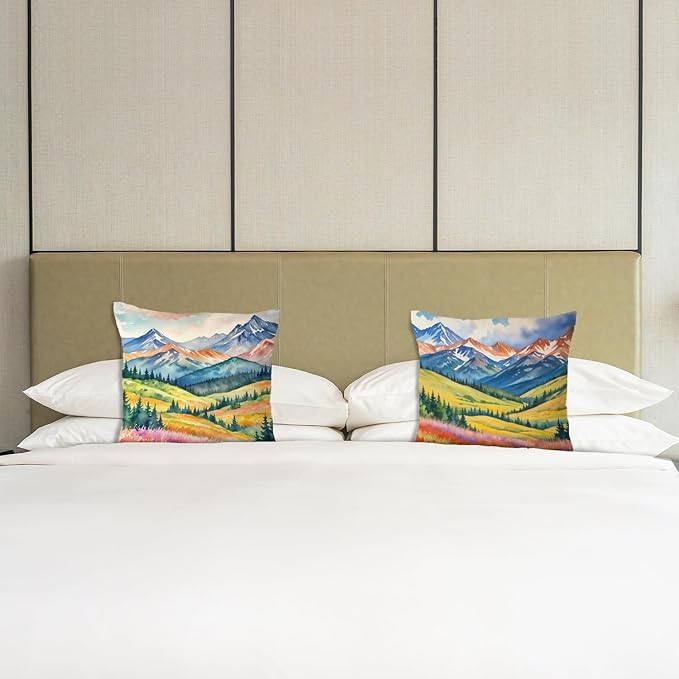 JINYO Watercolor Wildflower Mountain Scenery Pillow Covers 18x18 Set of 2, Maximalist Vibrant Nature Landscape Decorative Pillow Covers for Living Room Bedroom Home, Nature Room Decor