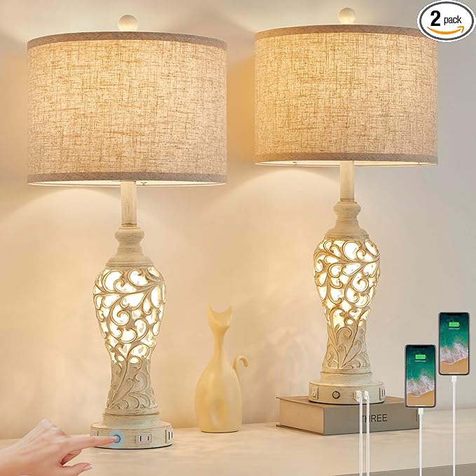26" Farmhouse Table Lamp - 2 USB A+C 3-Way Dimmable Touch Lamps with Nightlight for Living Room Bedroom Lamp Bedside Nightstand Lamps (Bulb Included)