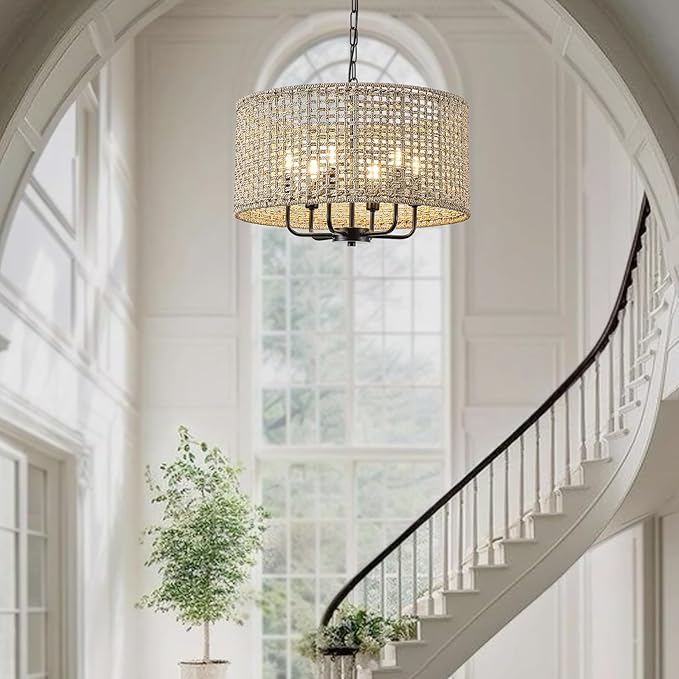 20" Rattan Hand-Woven Boho Wicker Chandelier - 6-Light Drum Farmhouse Oversized Vintage Pendant Light Fixture for Dining Room, Kitchen Island, Entryway (Black)