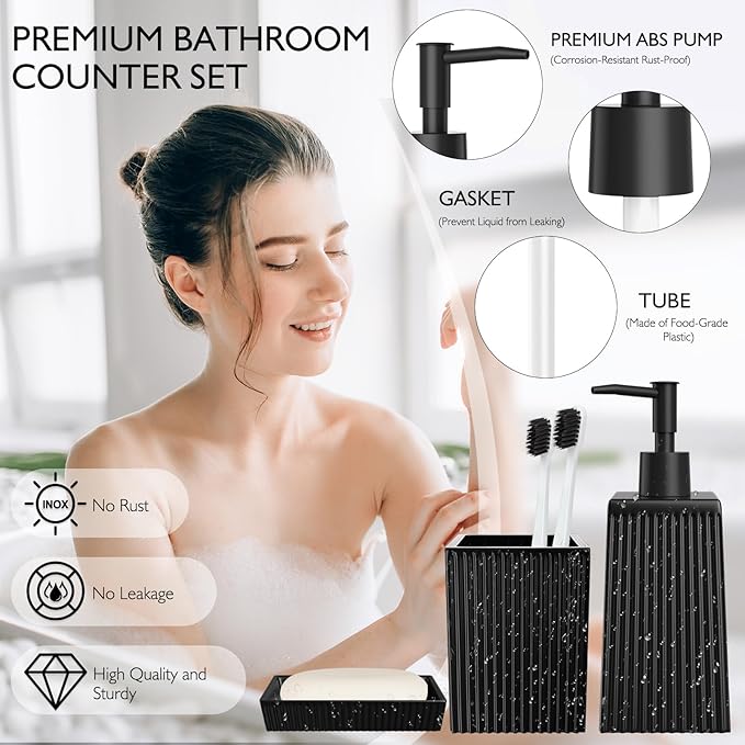 Bathroom Set - Black Bathroom Accessories Set, 5PCS Ceramic Bathroom Accessory Set, Bathroom Sets with Soap Dispenser, Toothbrush Tumbler, Soap Dish, Q-tip Holder & Vanity Tray