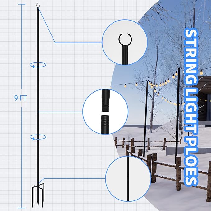 4 Pack 9FT String Light Poles for Outdoor Use, Rustproof Waterproof Metal Poles with Electrophoresis Coating, for Patio, Garden, Backyard, Wedding, Deck, Party