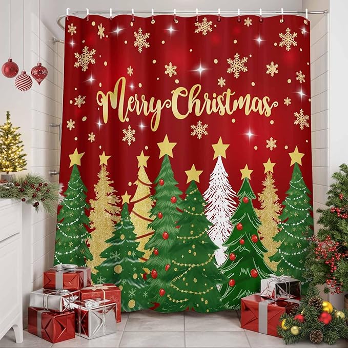 Vandarllin Christmas Shower Curtain, Merry Christmas Shower Curtains Set with Hooks, Gold Star Xmas Tree Snowflakes Waterproof Bathroom Curtains Xmas Holiday Decor Home Accessories,66 X 72 Inch Long