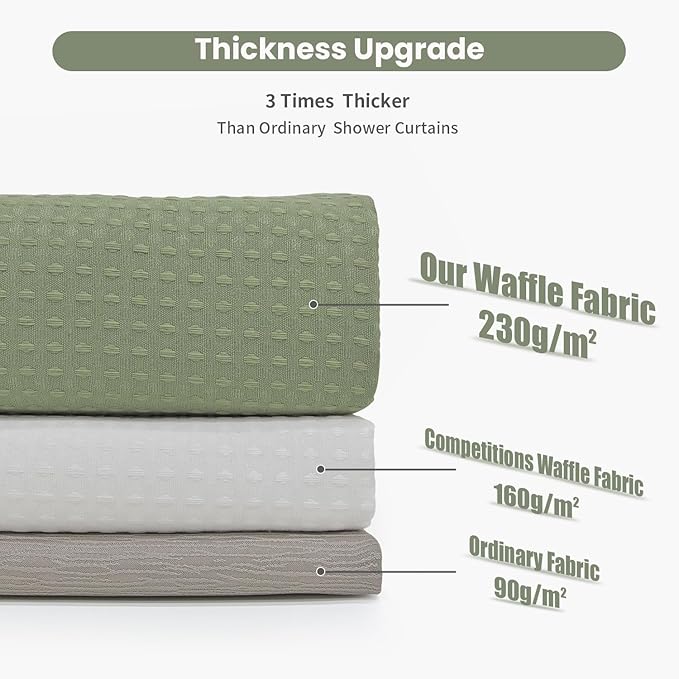 Inhousolu Fabric Shower Curtain Waffle Weave, Sage Green 230 GSM Heavy Duty, Weighted Hem, 14 Metal Hooks, Water Repellent, Machine Washable, Hotel Spa Luxury Bath Curtain Set, 72 x 84 Inch
