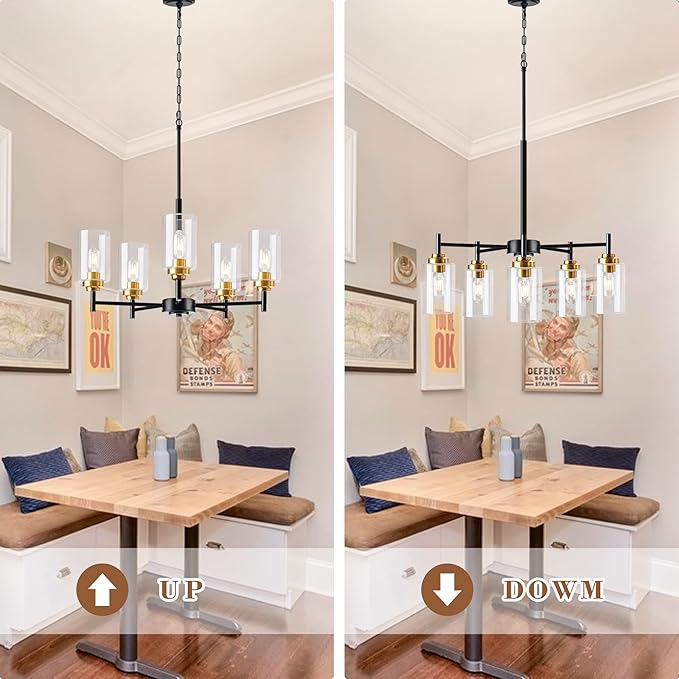 Kitchen Island Lighting - 5 Lights Modern Glass Chandelier for Dining Room, Farmhouse Pendant Light Over Table for Foyer Living Room Bedroom (Black and Gold)