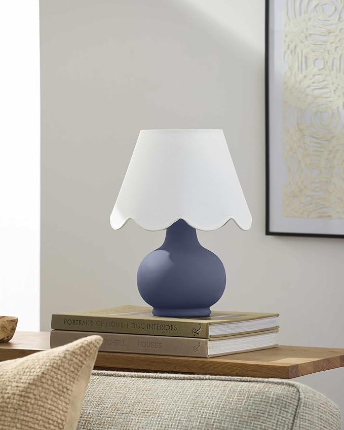 BoutiqueRugs Navarro Boho Ceramic Bedside Table Lamp for Bedroom Nightstand and Living Room - Shade Cotton - White, Blue - 13" H