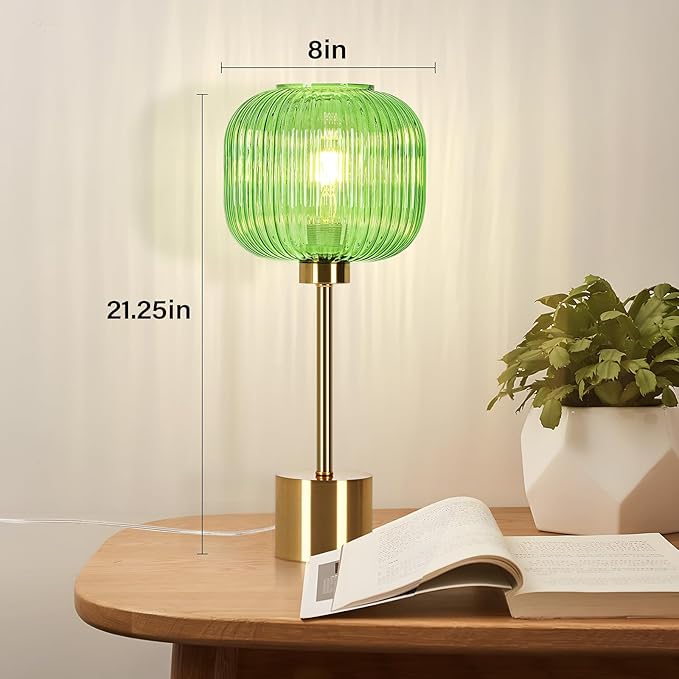 Green Glass Table Lamp with 3 Way Dimmable and Touch Control, Mid Century Modern Vintage Bedside Table Lamp for Bedroom Living Room End Table