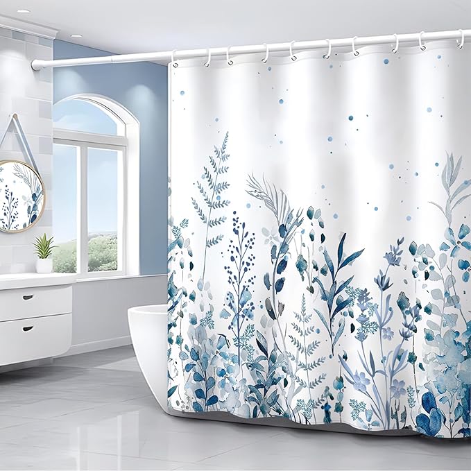 Blue Eucalyptus Leaves Shower Curtain Watercolor Leaves Plant with Floral Shower Curtains for Bathroom Waterproof Polyester Fabric Bath Curtain 72 x 72 Inch with 12 Hooks