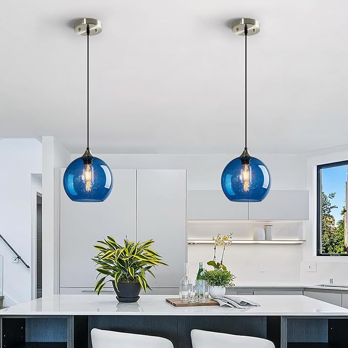 Blue Glass Pendant Lights Kitchen Island Lighting Globe Pendant Light Fixtures Modern Pendant Lighting for Kitchen Island Bedroom Living Dining Room Light Fixture(7.87in, 1-Pack)
