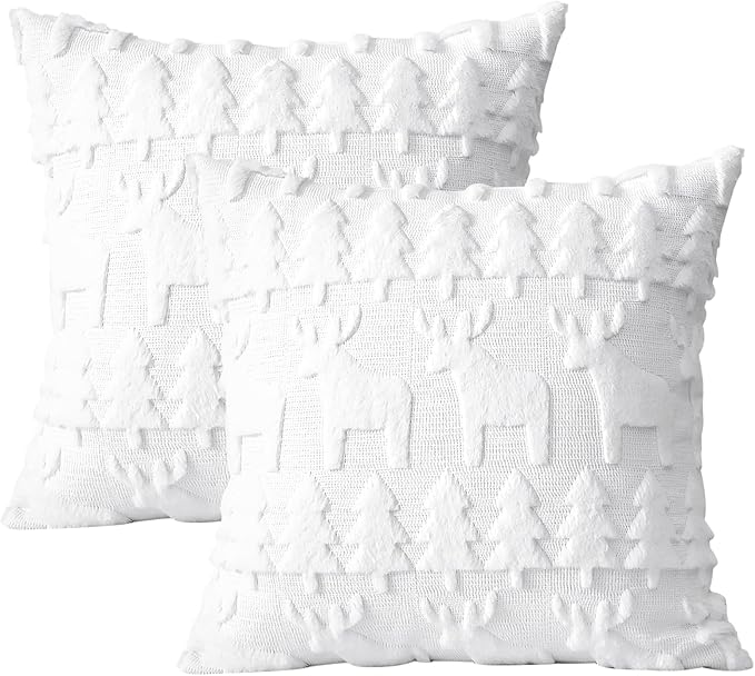 OTOSTAR Set of 2 Xmas Soft Plush Short Wool Velvet Decorative Throw Pillow Covers Square Luxury Style Cushion Case Pillow Shell for Sofa Bedroom Christmas Tree and Elk White, 16x16 Inch