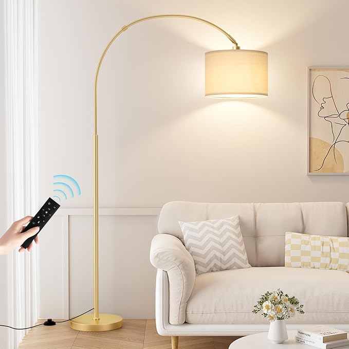 Ambimall Dimmable Arc Floor Lamp with Remote, Color Temperatures and Brightness Adjustable, Arched Floor Lamp with Rotating Head, Over Couch Arched Reading Light for Living Room (Deep Beige and Gold)