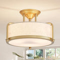 Modern Drum Ceiling Light, Semi-Flushmount Close to Ceiling Light Fixture for Living Room, Bedroom, Dining Room,Kitchen, D13 x 8 in, Linen Fabric Shade & Gold Finish Metal Frame