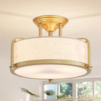 Modern Drum Ceiling Light, Semi-Flushmount Close to Ceiling Light Fixture for Living Room, Bedroom, Dining Room,Kitchen, D13 x 8 in, Linen Fabric Shade & Gold Finish Metal Frame