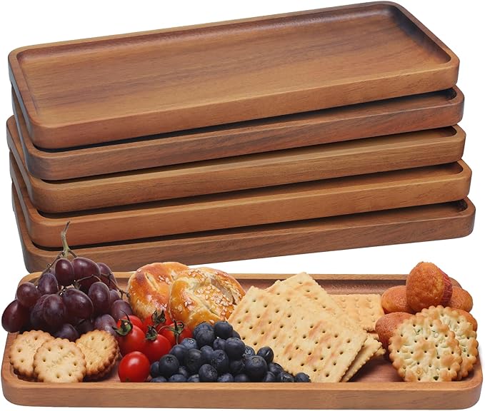 Acacia Wood Serving Platters and Trays - 14" x 5.5" Wooden Mini Charcuterie Boards, Small Cheese Board, Rectangle Wooden Tray for Kitchen Counter, Bathroom, Home Decor, Party (6, 14"X5.5")