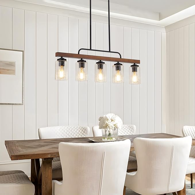 Farmhouse Chandelier 5-Light Dining Room Light Fixture Over Table Kitchen Island Lighting Rustic Chandeliers for Dining Light with Seeded Glass Shade Wood Pendant Lights Kitchen Island