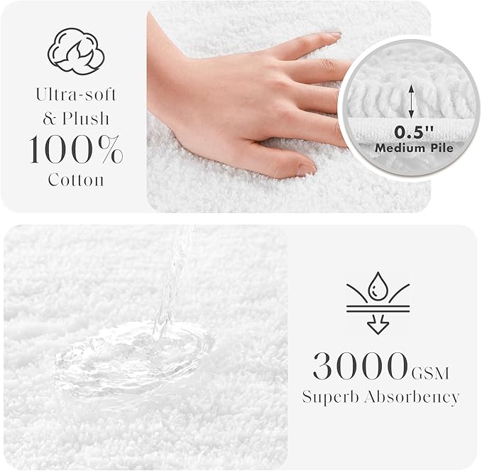 Madison Park Splendor Reversible 100% Cotton Tufted Bathroom Rug-3000 GSM Hotel Quality Luxurious Plush Medium Pile Bath Mat Absorbent, Quick Dry, Shower Room Décor, 24x60 White