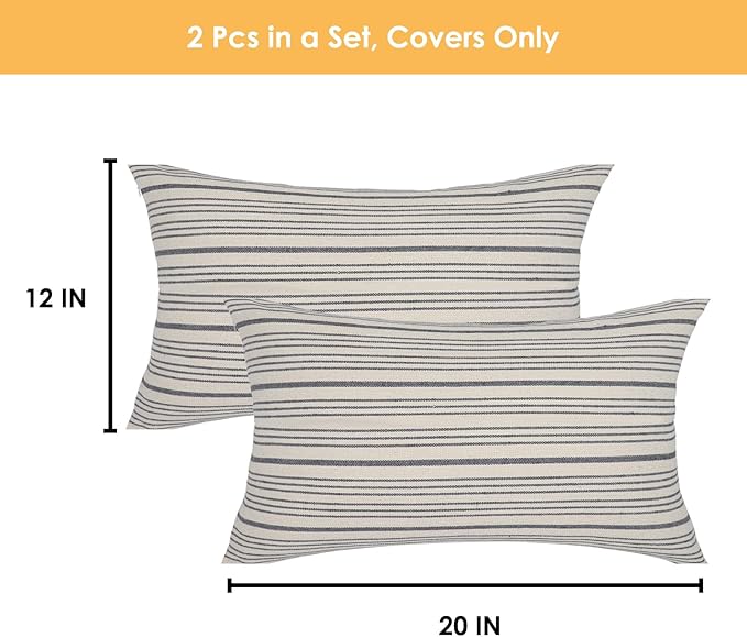 Gray Pillow Covers Farmhouse Linen Throw Pillow Covers Striped Outdoor Decorative Square Throw Pillows for Couch Sofa Bed 12x20 in Pack of 2 Gray and Cream