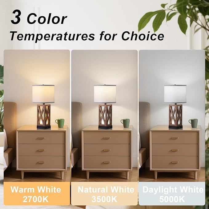Wood Table Lamp, Vintage Nightstand Lamp with USB Charging Ports A/C, Farmhouse Bedside Lamps for Living Room