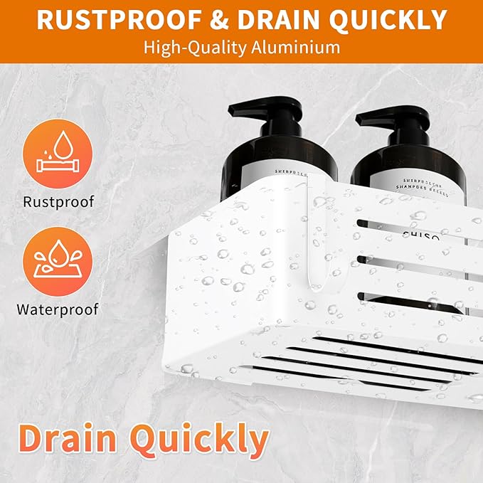 Shower Caddy Shelf Rack, Self Adhesive Shower Shelves with Hooks, Rustproof Bathroom Organizers and Storage, Home Decor Accessories (Rectangle-White)