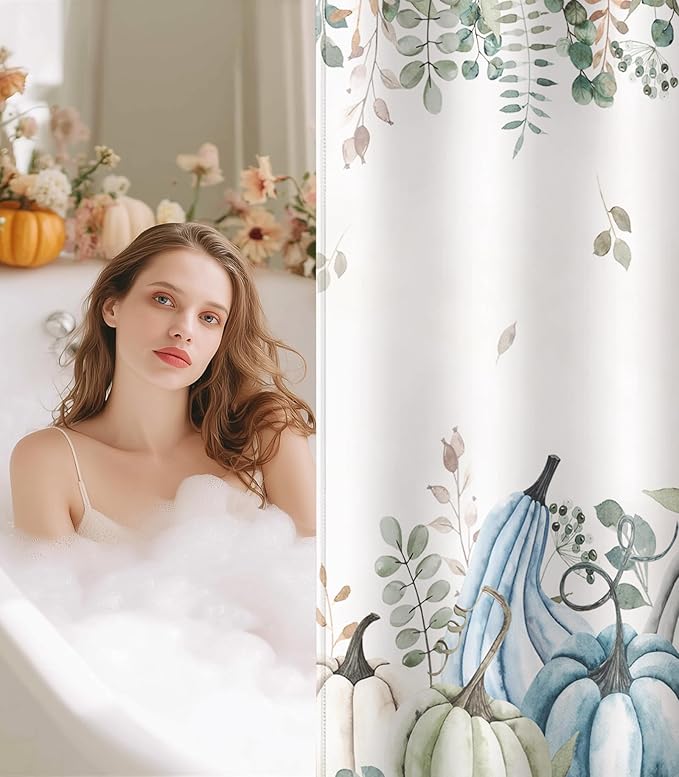 MAMUSE Fall Shower Curtain for Bathroom Stall Cute Decorative Waterproof Unique Design TeenWomen Cortinas de Baño Bathtub 72 x72 Inch, Blue Pumpkins