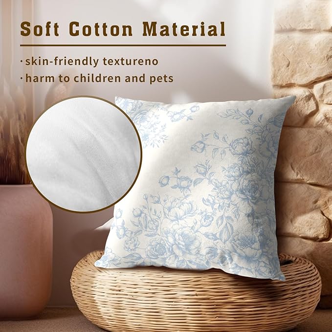 Vintage Chinoiserie Floral Pillow Covers 16x16, 2Pcs Light Blue White Flowers Leaves Pattern Decorative Pillow Cases Soft Square Cushion Cover for Bed Sofa Couch Porch Home Decor