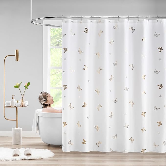 Jubilantex Gold Butterfly Shower Curtain for Bathroom, White Farmhouse Waterproof Bathroom Decorative Rustic Kids Shower Curtain with 12 Rust Proof Grommets for Spa Hotel, 70x72 Inches