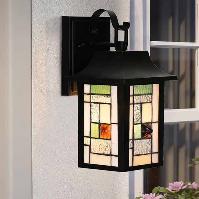 WL0010 Tiffany Style Outdoor Light Fixutres Stained Glass Wall Sconce Exterior Waterproof Wall Lantern Light for Balcony Aisle Hallway W 7X D 6 x H 12 Inches, Bulb Included (Lumigrid)