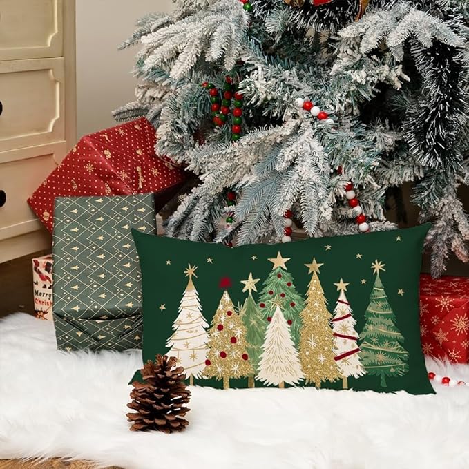 AACORS Christmas Pillow Cover 12X20 Inch Watercolor Christmas Tree Stars Decoration Holiday Farmhouse Winter Pillow Case for Sofa Couch Decor（Green） AA366-12