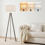 ELYONA Farmhouse Wood Tripod Floor Lamp, Modern Reading Standing Lamp with 3 Color Temperatures LED Blub & Nature Linen Shade, Night Light for Living Room, Bedroom, Study Room, Office, Grey
