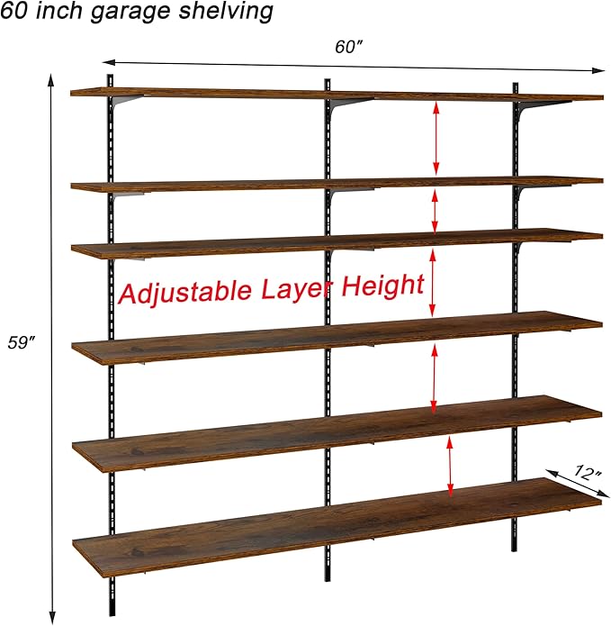 ROGMARS 60 Inch Long Wooden Floating Shelves with Rail, Adjustable Large Kitchen Wall Shelf for Living Room Bedroom Gym Storage,Garage Wall Shelving 6 Tier