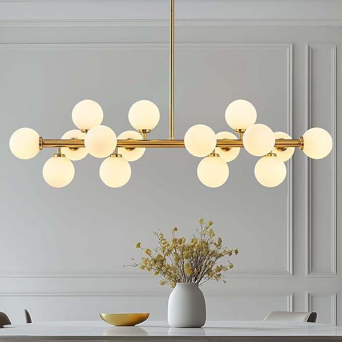 16-Light Globe Sputnik Chandelier, Mid Century Modern Light Fixture Over Table, Brass Gold Linear Chandeliers for Dining Room and Kitchen Island (Milk White Glass Bubble Shades, 40 Inch)