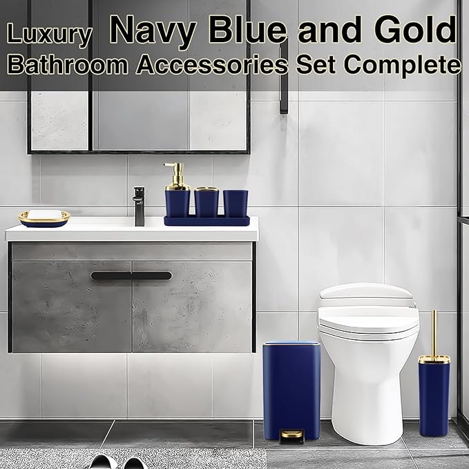 Navy Blue Bathroom Accessories Set 8 Piece Navy Blue and Gold Bathroom Set, Bathroom Sets with Stainless Steel Trash Can,Toilet Brush,Toothbrush Set,Soap Dispenser