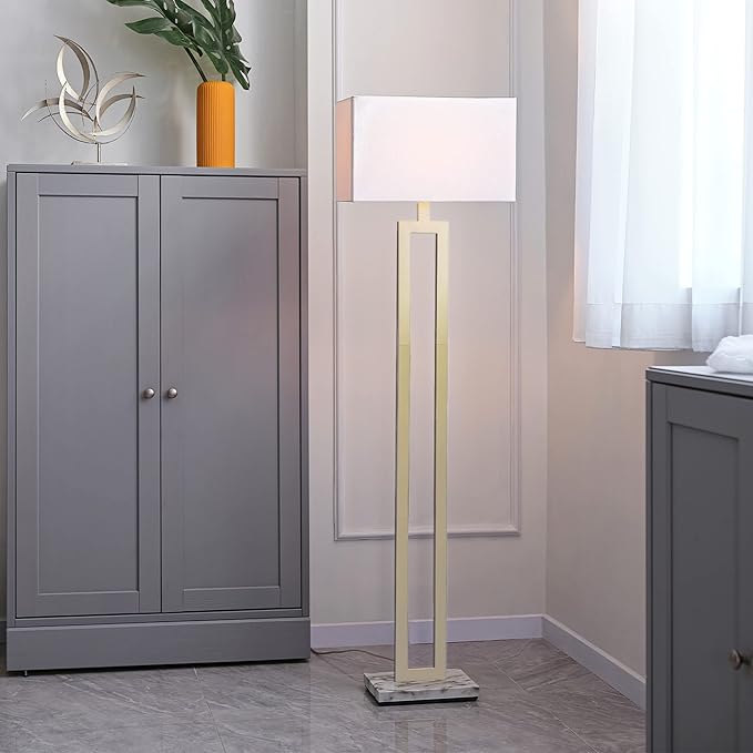 GLOBE Electric 12273 D'Alessio 58" Floor Lamp, Gold, White Linen Shade, Faux Marble Base, On/Off Socket Rotary Switch, Title 20 LED Bulb Included