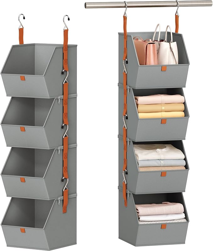 Hanging Closet Organizer 4 Tier - Clothes Hanging Shelves, Space-Saving Closet System, Fabric Storage Bins Bedroom Organization, Collapsible Baskets for Home, Dorm, Rv, Grey