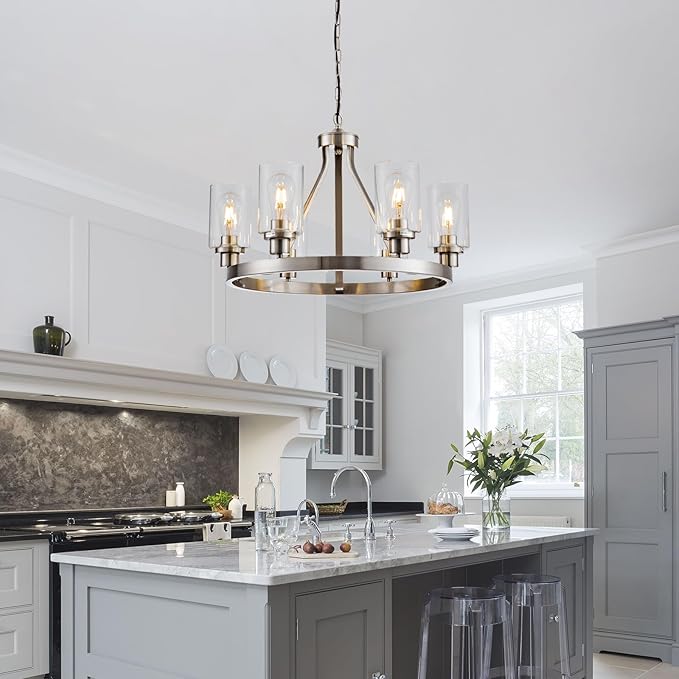 6-Light Modern Dining Room Light Fixture Brushed Nickel Kitchen Chandelier Ceiling Hanging Pendant Lighting with Glass Shade for Living Room Bedroom Entryway Adjustable Height Metal E26