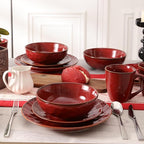 vicrays Ceramic Dessert Salad Plates, 8 Inch, Set of 6, Round, Microwave, Oven, and Dishwasher Safe, Scratch Resistant, Porcelain Fluted Suitable for Snacks, Appetizer, Home, Restaurant (Cherry Red)