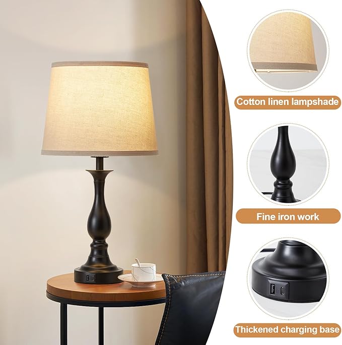 Bedside Table Lamp Touch Control Bedroom Lamps with USB-C USB-A Charging Port 3 Way Dimmable Touch Lamps for Nightstand Living Room Bedroom Dorm Home Office Reading, Set of 2