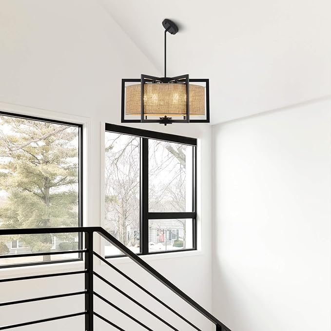 ALISADABOY Modern Black Chandeliers for Dining Room 21.25’’ Inches Contemporary Geometric Drum Chandelier 6 Light Industrial Pendant Light Fixture for Entryway Foyer Hallway