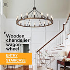 Farmhouse Wagon Wheel Chandelier 47" Black Rustic Light Fixtures 18-Light Wood Round Chandelier for Foyer Living Room Entryway Dining Room